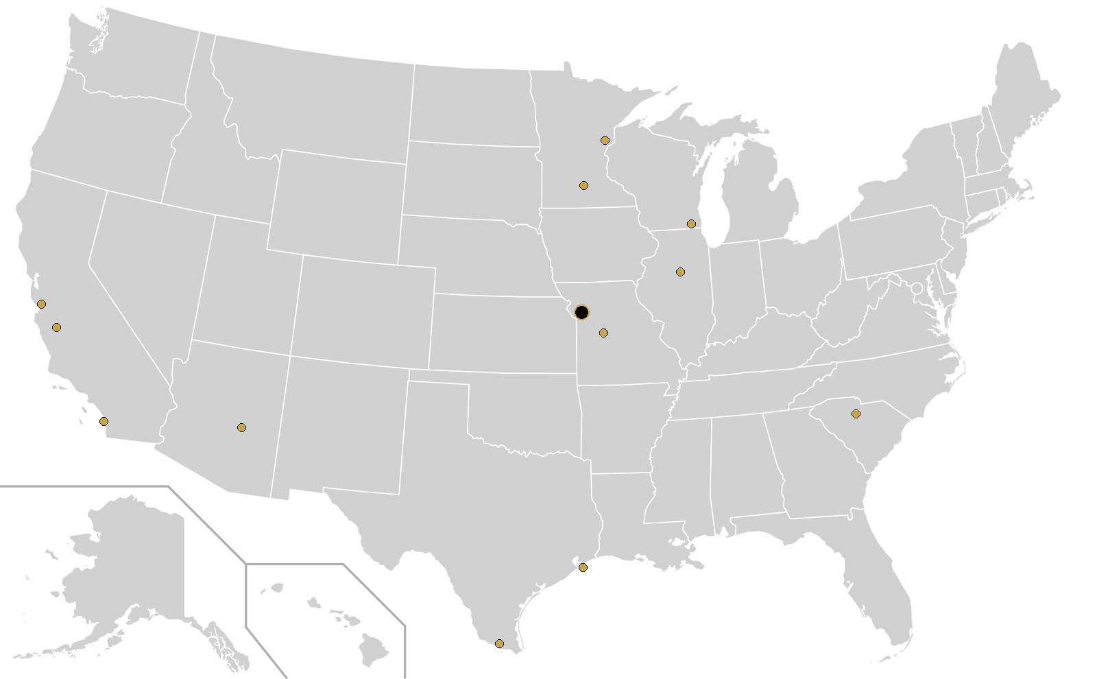 USA map with Amincor HQ and partner locations marked